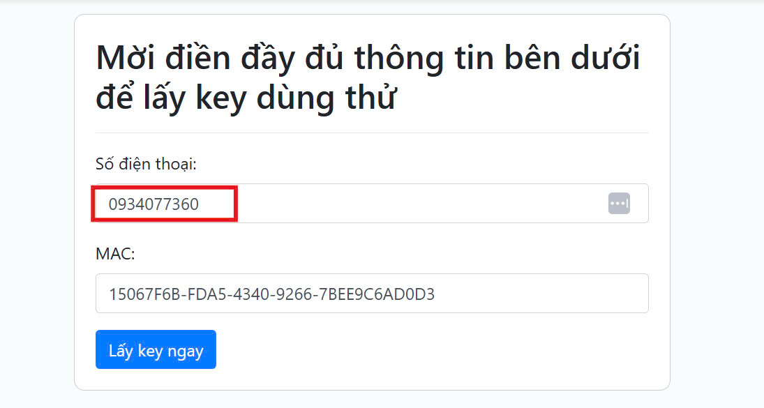 Điền đầy đủ thông tin SĐT và bấm lấy key ngay