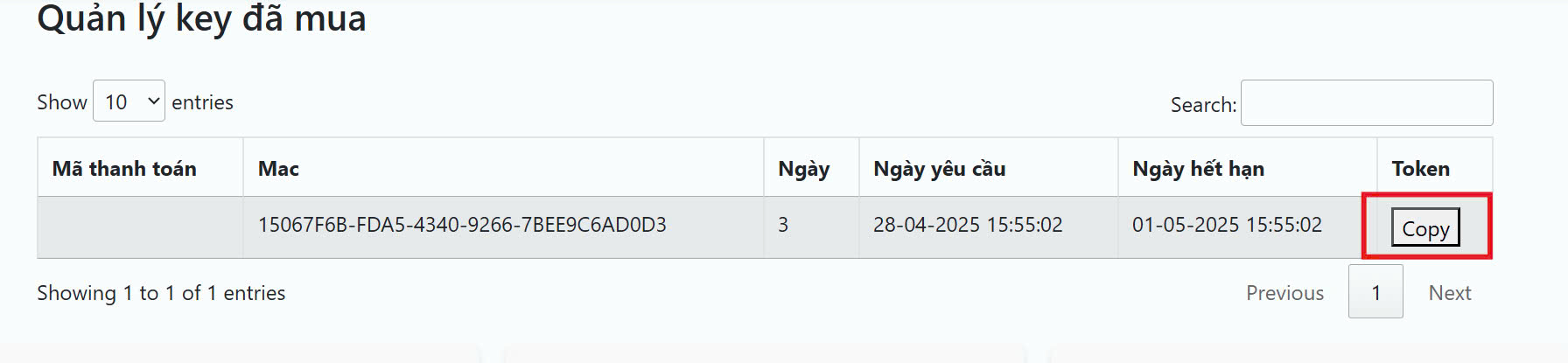 Copy mã key dùng thử khi hệ thống hiện ra